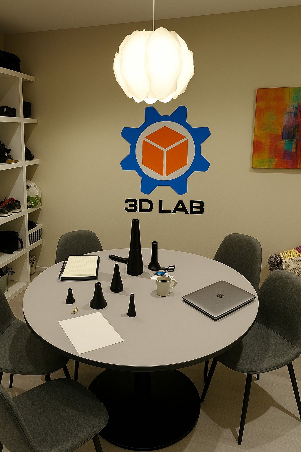 Sala de reuniones de 3DLAB en Tàrrega, con piezas impresas en 3D sobre la mesa